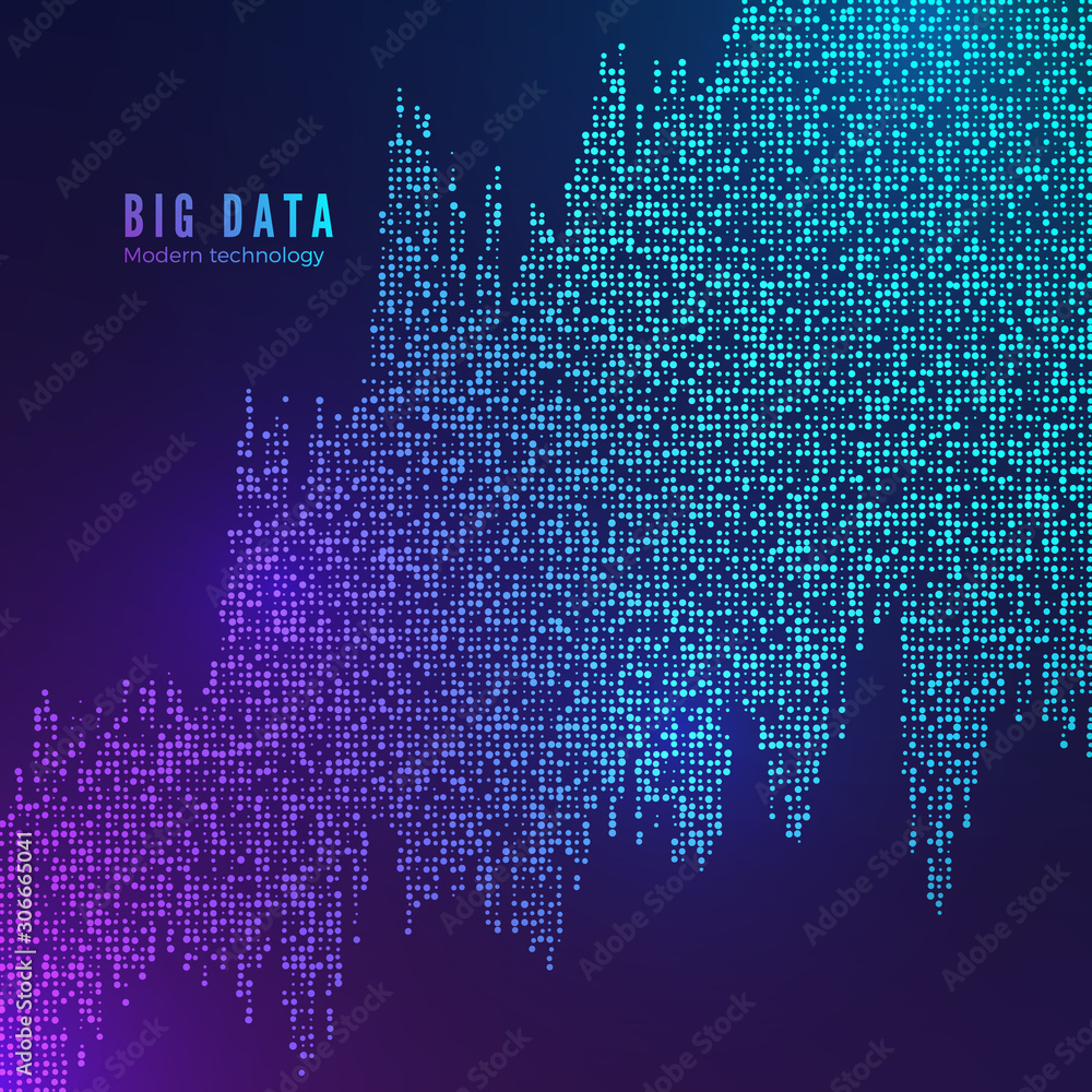 Poster Big Data flow visualization. Digital data stream. Multiple point wave. Abstract technology background in blue colors. Vector