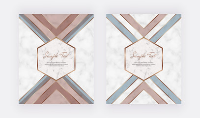 Geometric cover design with triangular shapes, gold lines on the marble texture. Template for wedding invitation, blog posts, banner, card, save the date, poster, flyer	