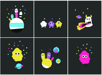 set of backgrounds with cosmic cartoon monsters, aliens, space world