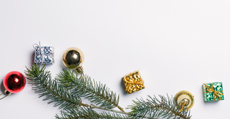 Christmas gift box flat lay on white background