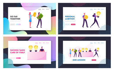 Cost of Innovations Website Landing Page Set. People Buy and Sell Ideas. Business Transaction Light Bulb and Money. Inventor Selling Glowing Lamps Web Page Banner. Cartoon Flat Vector Illustration