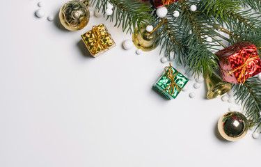 Christmas gift box flat lay on white background