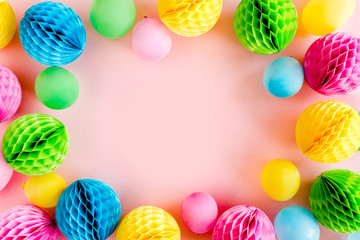 Frame from Balloons and confetti on pink background. Valentines day, Birthday, holiday concept. Flat lay, top view. Birthday party background