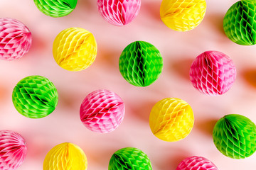 Balloons and confetti on pink background.  Birthday, holiday concept. Flat lay, top view. Birthday party background