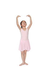 Little child girl dreams of becoming a ballerina. Beautiful little Asian children in pink tutu skirt isolated on white background.