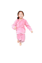 Happy and smile little Asian child girl in pink tracksuit or sport cloth jumping on air isolated over white background. Freedom kid movement concept.