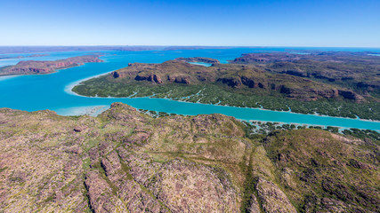 Landscape aerial view of Porosus Creek in Prince Frederick Harbor in the remote North Kimberley of Australia.