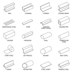 Vector. Linear metal rolling icons. Assortment in isometry. Structural elements for metalwork. Layers good separated.