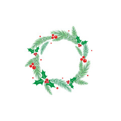 Round wreath with fir tree or spruce twigs and red holly berries. winter holiday garland.