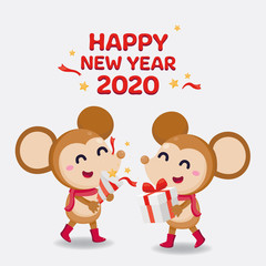 Happy New Year Greeting card 2020 with cute rats on white background.	Celebrate with rat year.