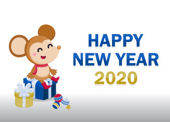 Happy New Year Greeting card 2020 with cute rats on white background.	Celebrate with rat year.