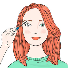 Beautiful woman with long orange hair will brighten up her eyelashes.