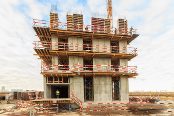Construction of building Construction of apartment house. Concrete slab foundation building....