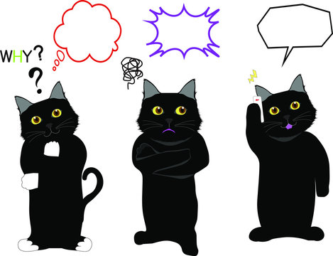 A collection of black cat in vectors with different expressions and callouts