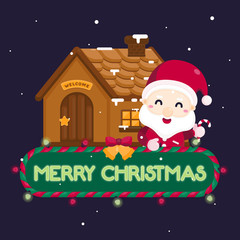 Merry Christmas greeting card with cute Santa Claus, reindeer and Christmas tree. Vector illustration Cute Christmas character.	
