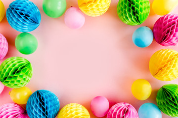 Frame from Balloons and confetti on pink background. Valentines day, Birthday, holiday concept. Flat lay, top view. Birthday party background