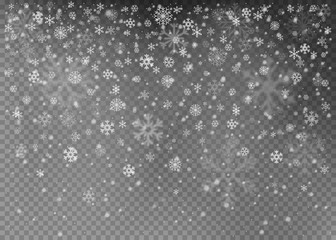 Christmas falling snow vector isolated on dark background. Snowflake transparent decoration effect. Vector illustration.