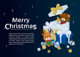 Merry Christmas greeting card with cute Santa Claus, reindeer and Christmas tree. Vector illustration Cute Christmas character.	