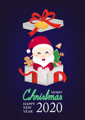 Merry Christmas greeting card with cute Santa Claus, reindeer and Christmas tree. Vector illustration Cute Christmas character.	
