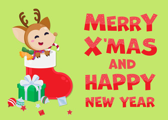 Merry Christmas greeting card with cute Santa Claus, reindeer and Christmas tree. Vector illustration Cute Christmas character.	