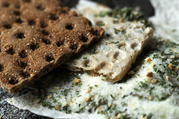 Useful salt with herbs and bread for healthy eating so close