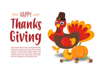 Happy Thanks Giving greeting card. Cute Turkey with red autumn background. 