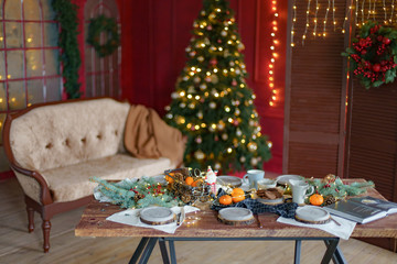 background, celebration, christmas, christmas decorations, christmas tree, conviviality, decoration, dinner, family holiday, festive, fireplace, food, garlands, gift, glass, happiness, happy, holiday,