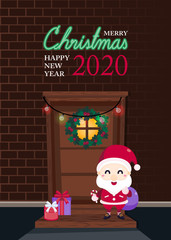 Merry Christmas greeting card with cute Santa Claus, reindeer and Christmas tree. Vector illustration Cute Christmas character.	