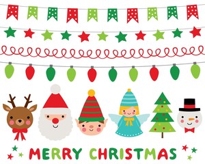 Fototapeta na wymiar Christmas characters, Santa, Deer, elf, angel, snowman and decoration, vector set