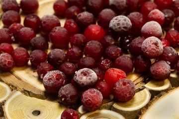 Frozen lingonberries covered with hoarfrost.
