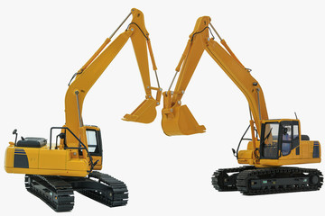 Two yellow excavator  model, machinery in heavy industry with isolated on  a white background with lift up
