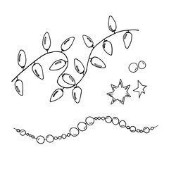 A set of Christmas decorations. Christmas lights and pearl  necklaces isolated on white background. Merry Christmas and Happy New Year Vector black illustration.