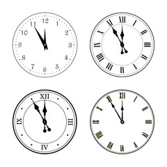 Happy New year 2020. Black clock, arrows, isolated on white background. Blurred design holiday banner, Christmas celebration party, poster. Templates set for decoration card. Vector illustration