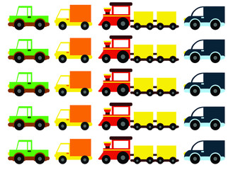 vector illustration, pattern with cartoon colored cars (red, blue, green, yellow)