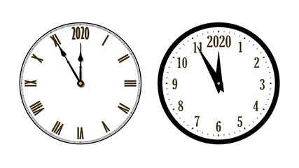 Happy New year 2020. Black clock, arrows, isolated on white background. Blurred design holiday banner, Christmas celebration party, poster. Templates set for decoration card. Vector illustration