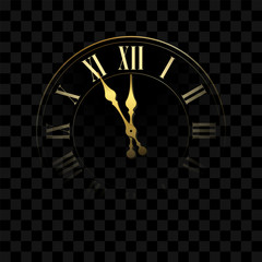 Happy New year 2020. Gold clock, arrows, isolated black transparent background. Golden design holiday banner, Christmas celebration party, header poster. Template decoration card. Vector illustration