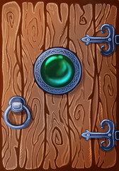 Game art wooden door with gem in the middle. Entrance to stone dungeon or secret room with treasures. Trading or collectible card back template