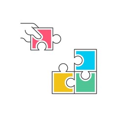 Hand holding puzzle and join to other. Editable stroke