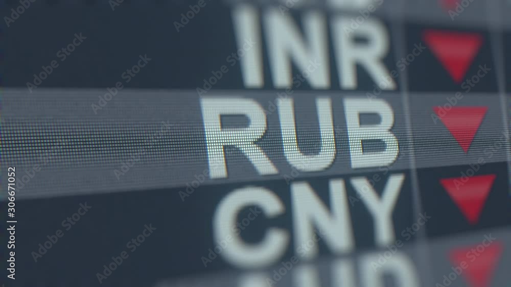 Poster decreasing russian ruble exchange rate indicator on computer screen. rub forex ticker loopable 3d an