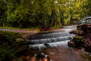 Fototapeta premium The blurry nature background of waterfalls that flow from a high place and a variety of beautiful water droplets, bokeh, abundance of forests.