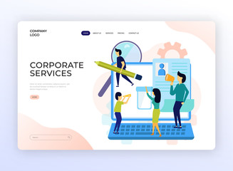 Corporate Services Landing Page Design. Website Home Page Design for business, HR, Human Resources, Vacancy, Research, Employment Survey Service. Team Working on Laptop Vector Illustration