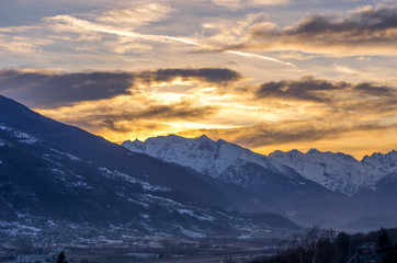 Mountain panorama at sunset, red sky