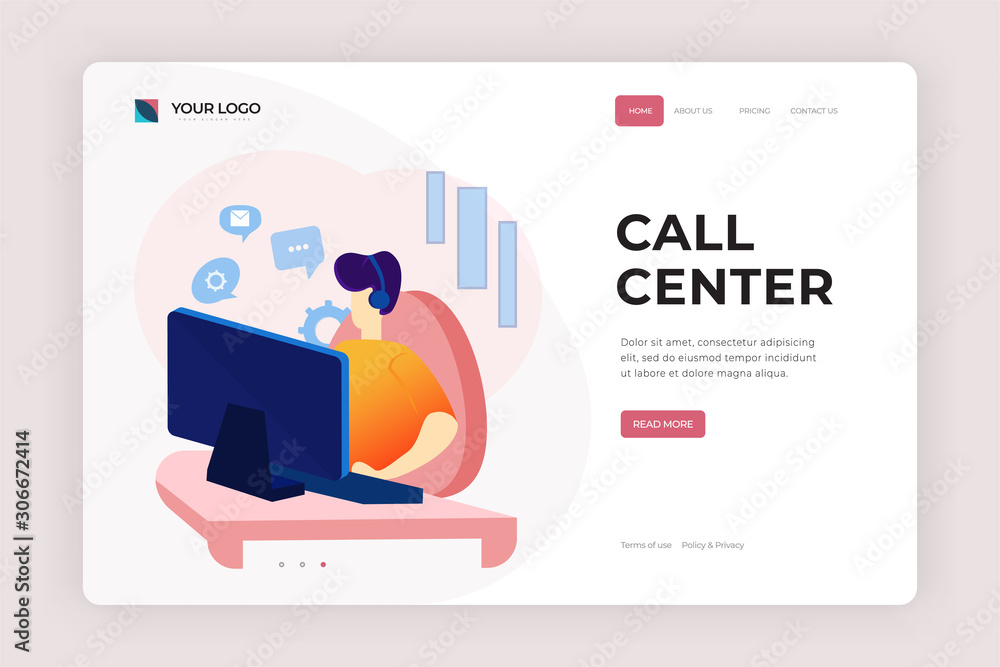 Poster call center landing page design. man with headphones and microphone with computer concept vector ill