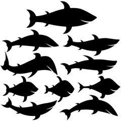 Set of silhouettes of fish of different shapes and types. Emotional characters. Vector illustrations.