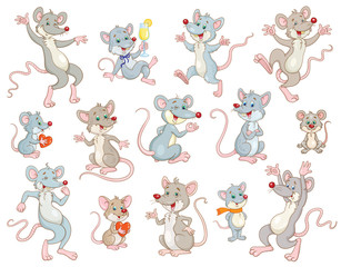 Collection of funny gray rats in different poses. In cartoon style. Isolated on white background. Vector illustration.