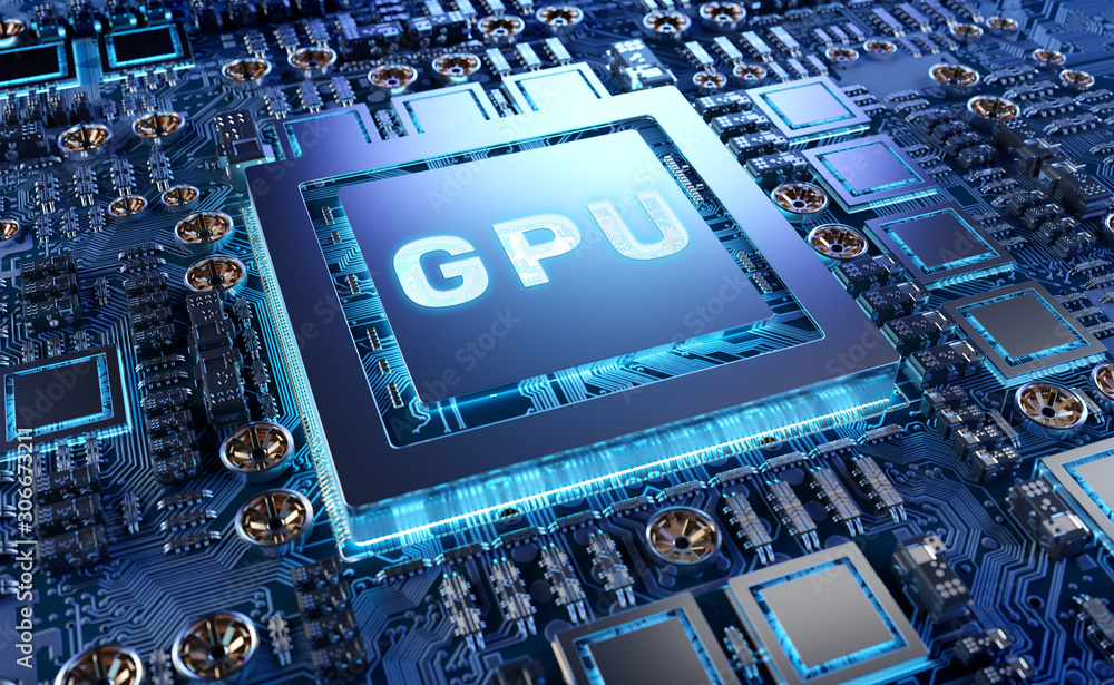 Fototapete close-up view of a modern gpu card with circuit 3d rendering