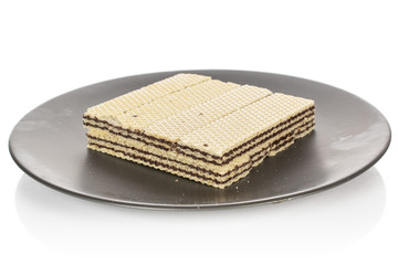 Group of eight whole sweet chocolate biscuit wafer on gray ceramic plate isolated on white background