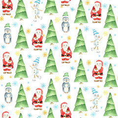 Seamless winter pattern. Christmas watercolor design. Hand drawn Santa Claus, penguin, snowmen, pine trees and snowflakes. Cartoon character.