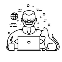 Freelance line icon, sign, vector illustration. Freelancer working at home with laptop, coffee cup, cat. Concept of remote working or working at home. Outsourced employee, developer or web designer