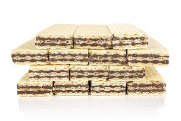 Lot of whole sweet chocolate biscuit wafer isolated on white background